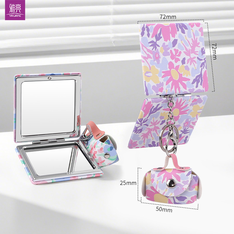 Espejo plegable cuadrado de dos caras más bolsa de cambio colgante conjunto de bolsa colgante espejo llavero para dibujo personalizado impresión de patrón de cruz