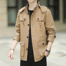 春秋新款风衣男外套薄款纯色休闲连帽全棉水洗宽松中长款夹克上衣