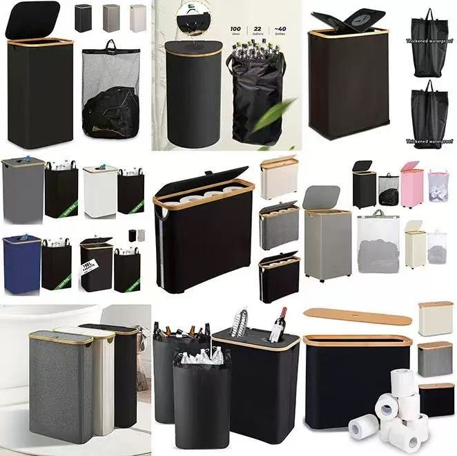 Cesta de ropa sucia transfronteriza con bolsillo interior con cubierta de bambú y madera plegable Cesta de almacenamiento de ropa sucia Cesta de ropa sucia