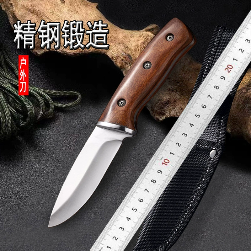 Outdoor high -hardness stainless steel camping straight knife portable meat cut meat, meat, fruit knife multi -function wood handle straight knife