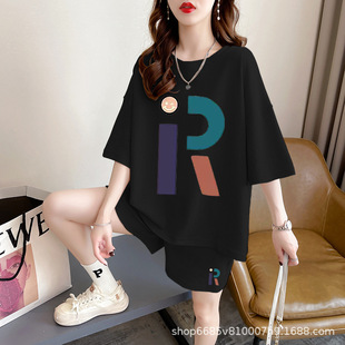 Summer extra large size 1.00 kg-150.00 kg chubby girl fashionable all-match Sports round neck short sleeve T-shirt casual loose shorts lazy