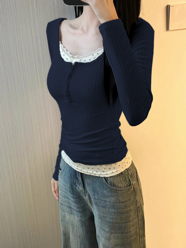 小个子碎花假两件打底衫女生秋季修身长袖t恤甜辣早秋chic上衣|undefined