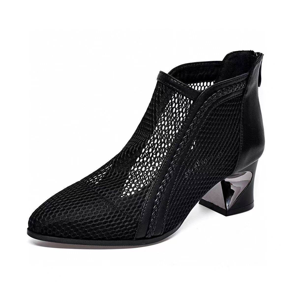 Sandal nữ mũi nhọn quai ngang gót vuông 7 cm lưới thoáng khí — màu be
