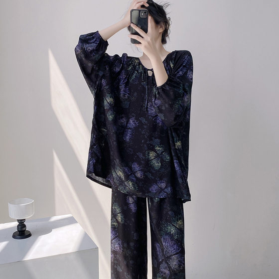 25 New Pajamas Women's Spring and Autumn Cotton Silk Long Sleeve Solid Color Loose 200 Jin Home Wear Summer Thin Outer Wear Pajamas