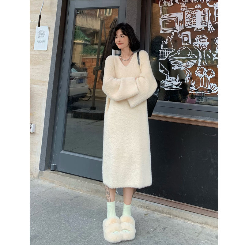 水貂绒毛衣裙女秋冬高级感气质显瘦御姐长款打底内搭针织连衣裙子|undefined