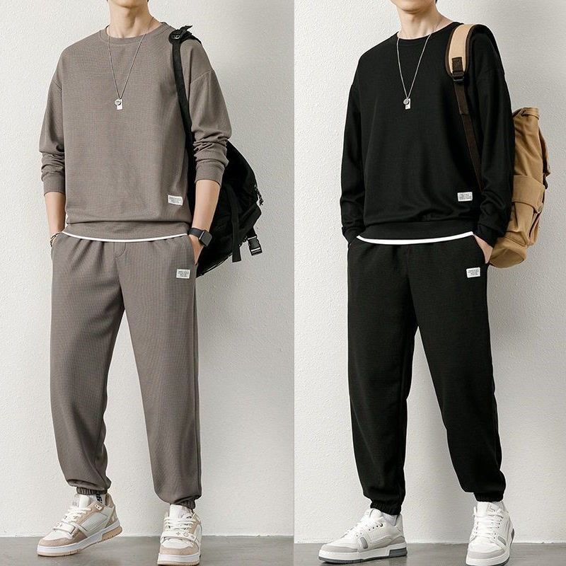 Waffles Sweaters suit Men's Autumn and Winter 2024 New Fashionable Fake Two-piece Round Neck Casual Sports Men's Clothing Set