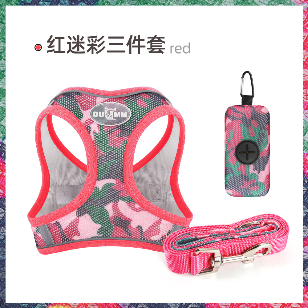 Inventario nuevo cinturón de pecho de perro reflectante transpirable para caminar cuerda de camuflaje de tres piezas conjunto de cuerda de tracción de perro al por mayor