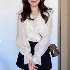 荷叶边白色v领长袖衬衫女2025年秋季新款胖mm显瘦漂亮小衫上衣