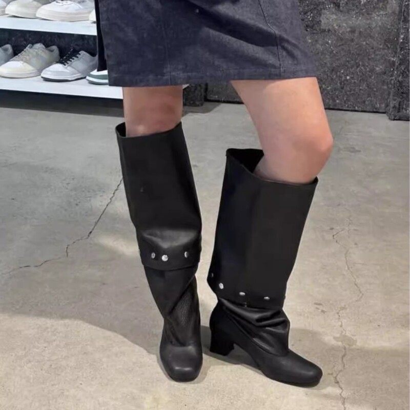 In Stock~ Convertible Detachable Long Boots 2025 Summer New Retro Style Chunky Heel Studded Slimming High-Heeled Slouch Boots