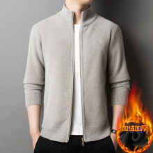 跨境雪貂绒男士针织开衫秋冬季新款立领拉链加绒保暖毛衣外套男