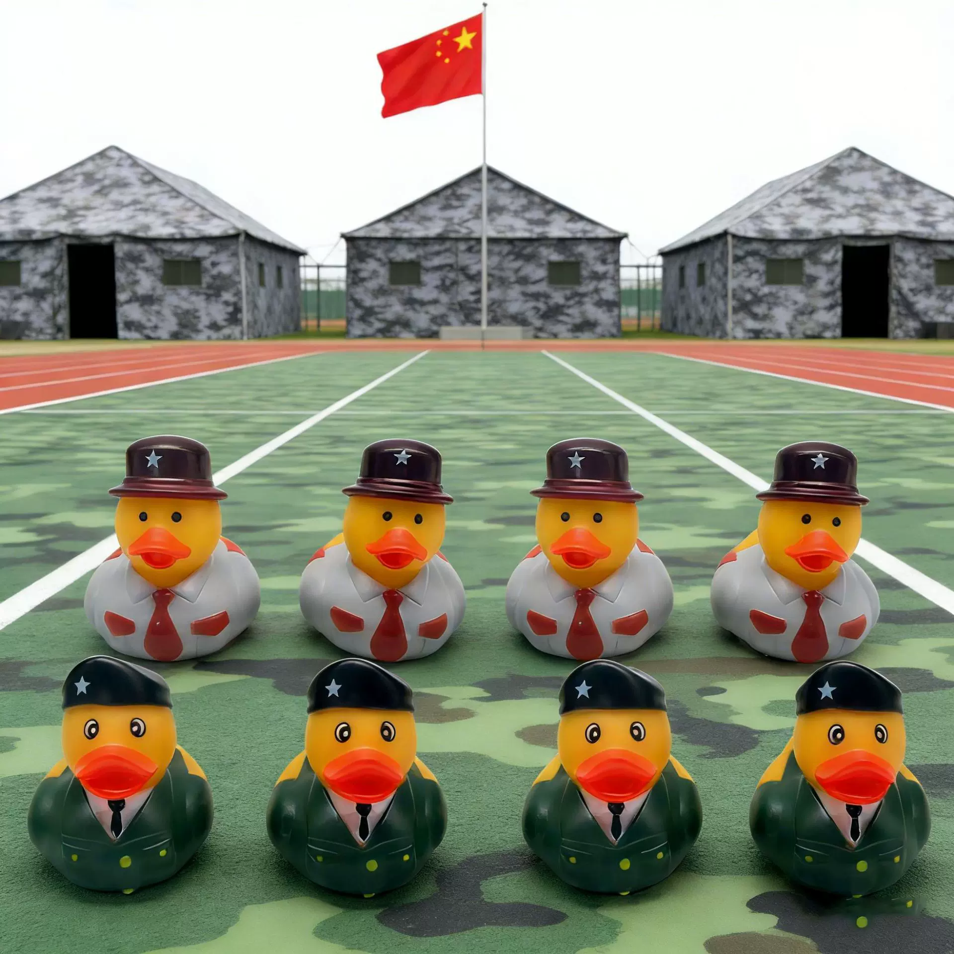 外贸军队黄鸭搪胶工艺军装鸭子玩偶空心PVC公仔可印logo军事主题
