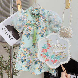 Girls' Dress Chinese Style Cheongsam Dress Summer Dress 2025 New Fashionable Children's Puff Sleeve Princess Dress