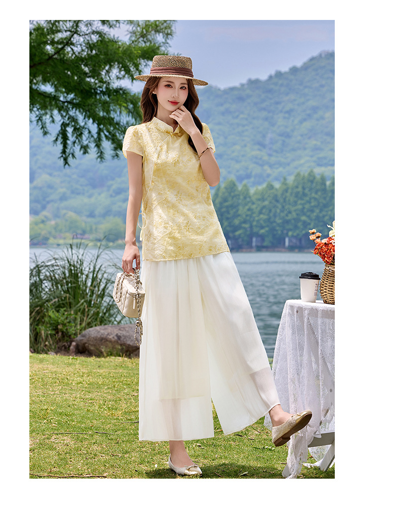 Bộ áo sơ mi cổ đức in họa tiết kết hợp quần dài hai mảnh nữ thời trang — Xanh lá cây nhạtcolor, Vàng nhạt chi tiết 13
