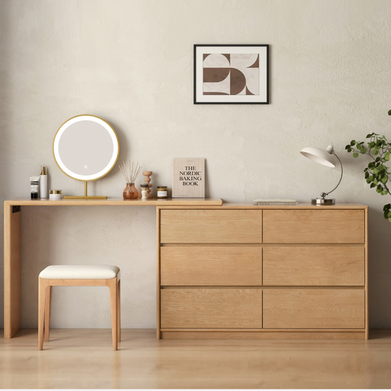 Pure Solid Wood Oak Bedroom Dresser Dresser Computer Desk Integrated L-Shaped Corner Dresser Japanese-Style Log