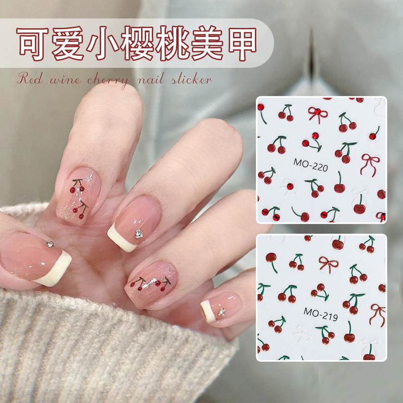 Cute Little Cherry Nail Stickers 2026 New Style Burgundy Cherry Embossed Three-Dimensional Crystal Diamond Wearable Nail Stickers