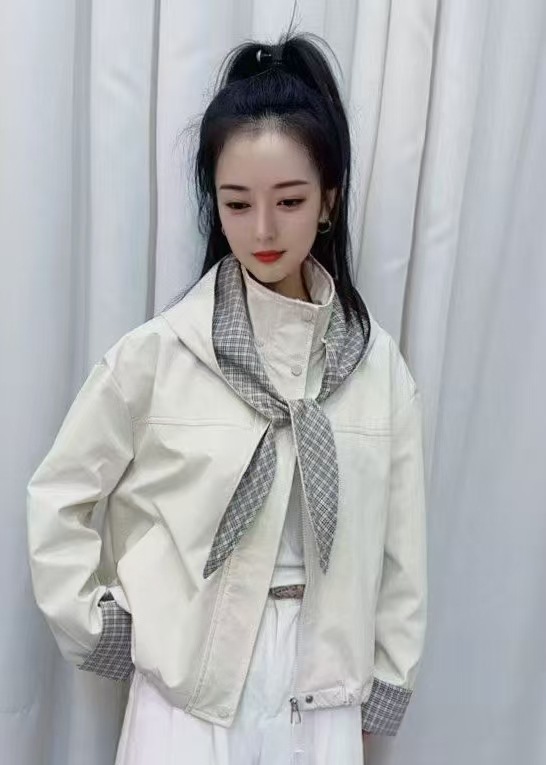 韩系时尚假两件外套女2025秋季简约撞色格纹时尚百搭休闲夹克上衣|undefined