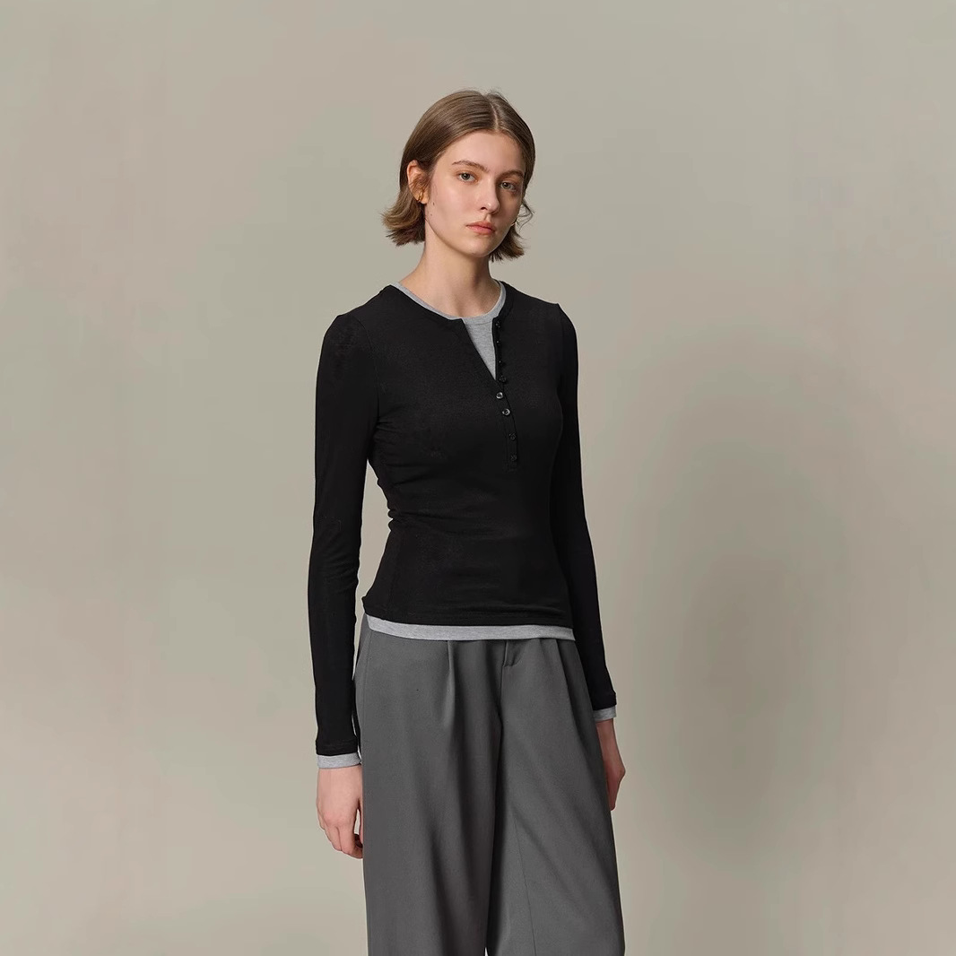 FB 2026 Spring New Arrival: Tencel Wool Commuter Casual Color Block Faux Two-Piece Henley Collar Design Long-Sleeved Knit Sweater