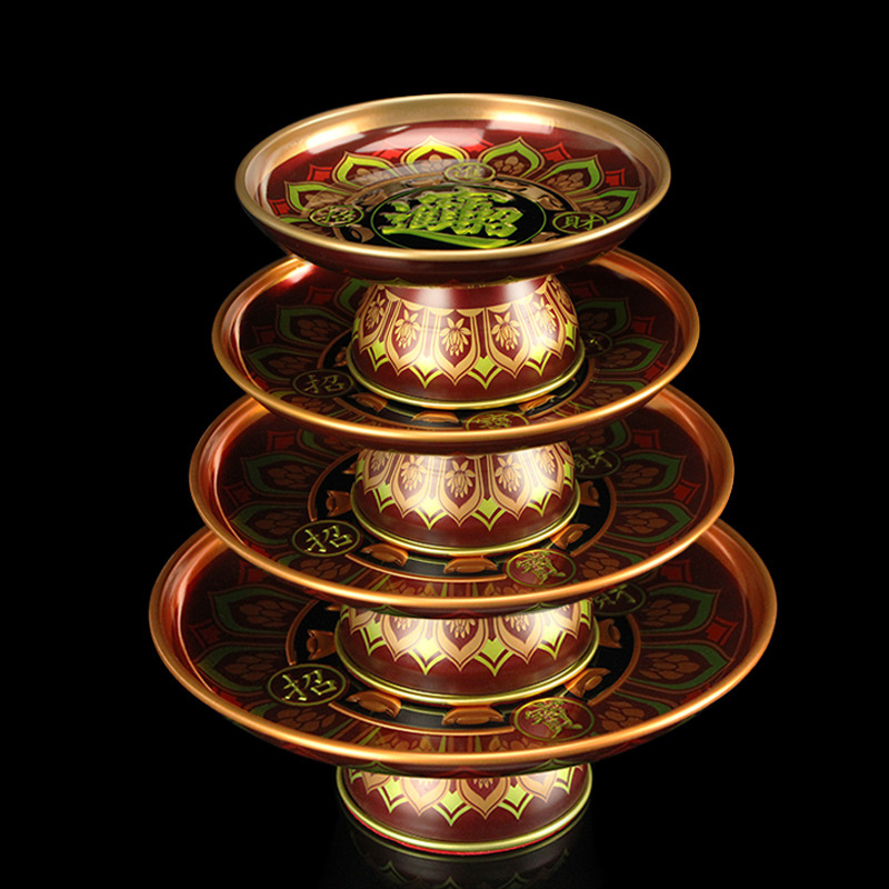 Alloy fruit platter for Buddhist altar, offering dish for fruits, ceremonial tray, Guanyin and Wealth God charm plate, lotus-shaped tray, temple altar accessory for Buddha offerings