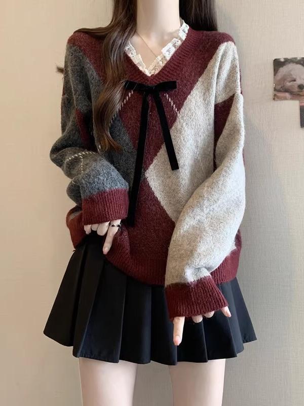 酒红色菱格毛衣女2025新款蕾丝V领针织衫慵懒风复古秋冬上衣潮|undefined