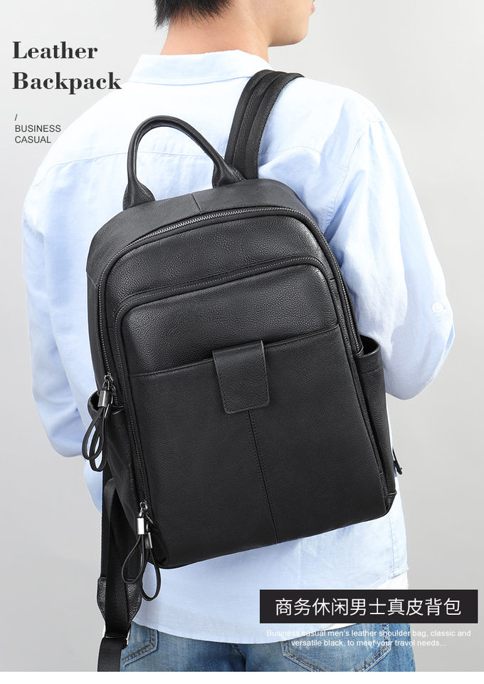 Ba lô da bò thật cho nam phong cách đường phố, đựng vừa laptop 14 inch, dung tích dưới 20L — Màu đen chi tiết 8