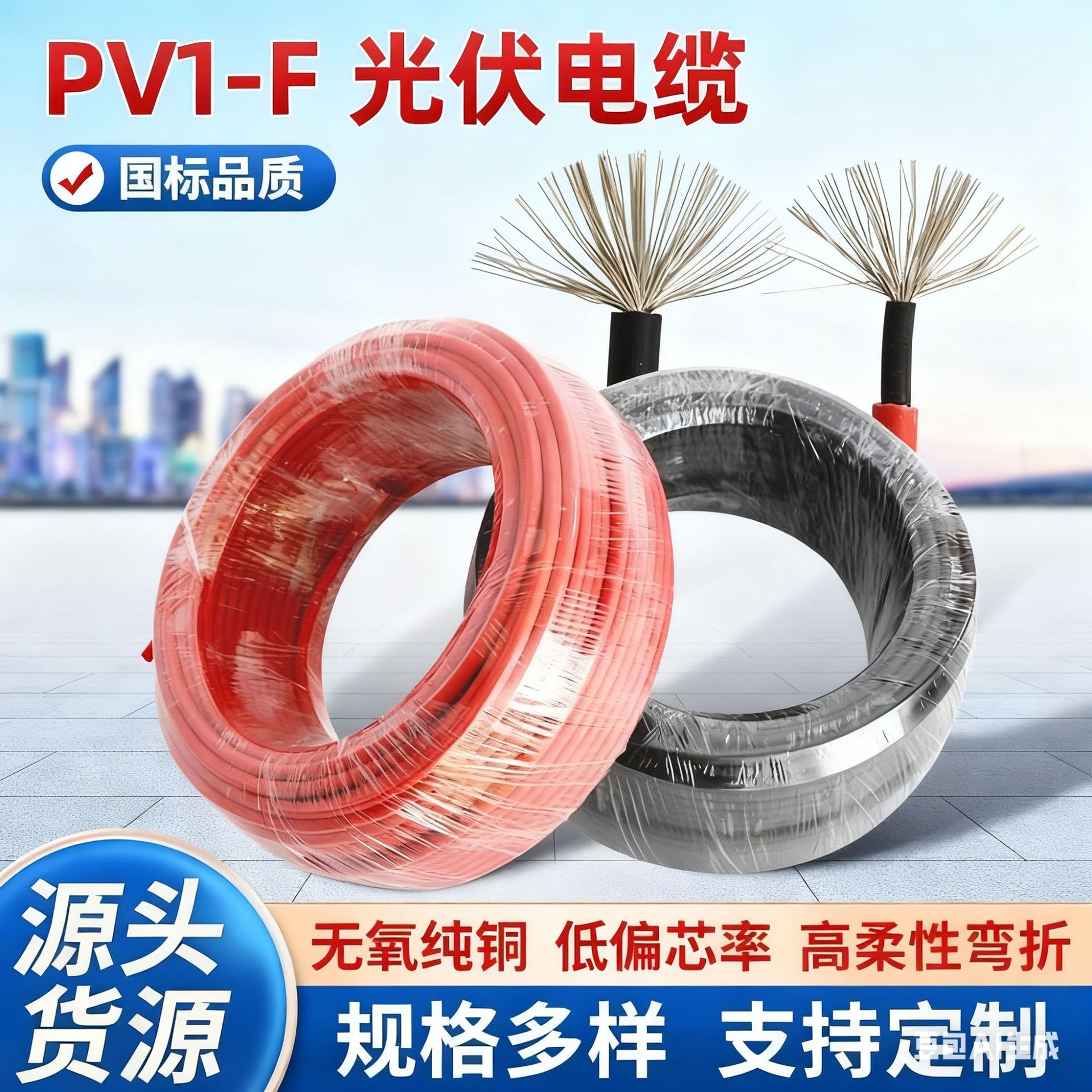 光伏电缆太阳能电池板连接线专用直流PV1-F1.5平方线缆太阳能专用