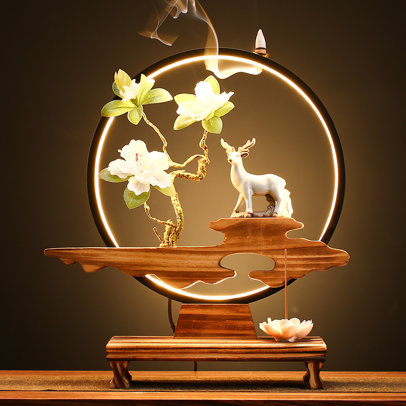 新中式灯圈仙鹿摆件禅意陶瓷倒流香炉办公室客厅礼品定制logo批发