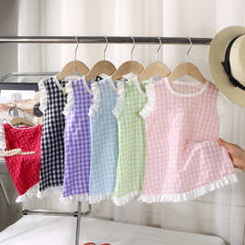 女童花边连衣裙夏季宝宝小飞袖格子背心裙小女孩公主风裙子中小童