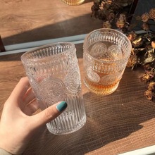 北欧风浮雕杯复古金边太阳花创意玻璃杯家用饮料果汁杯伴手礼杯