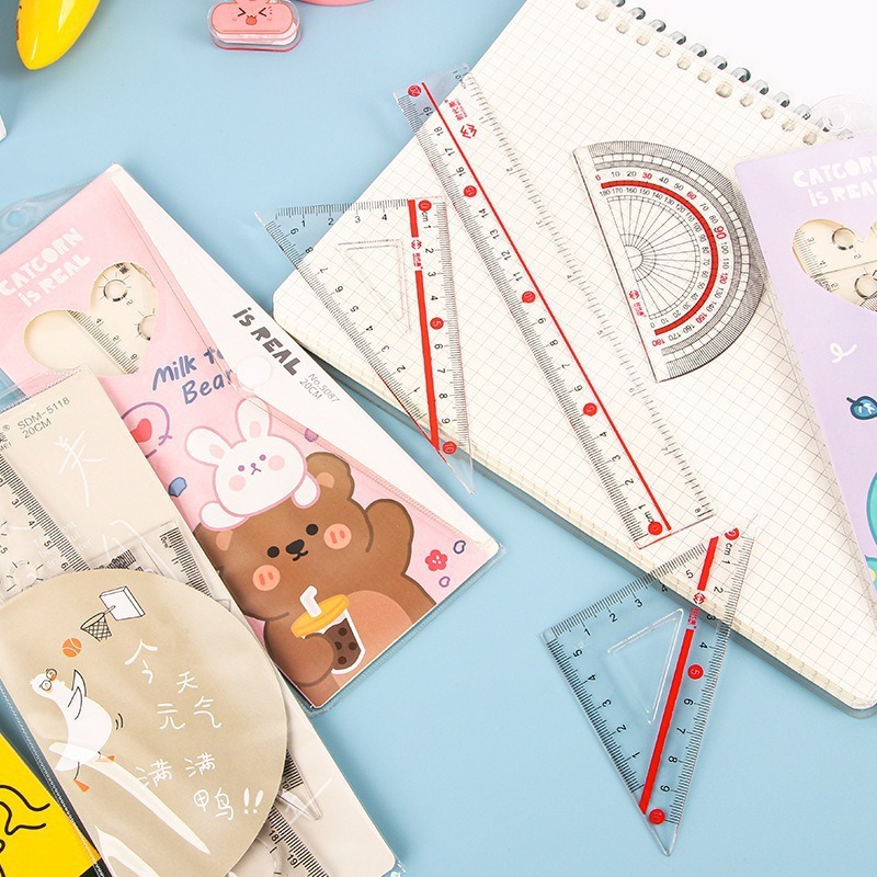 Cartoon Four-Piece Ruler Set Customized for Primary School Students 20cm Straight Ruler Triangle Set Cute School Supplies Stationery