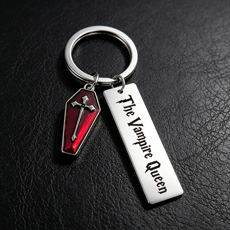 Halloween European and American retro vampire count and queen couple keychain stainless steel long bar engraved pendant wholesale Halloween European and American retro vampire count and queen couple keychain stainless steel long bar engraved pendant wholesale