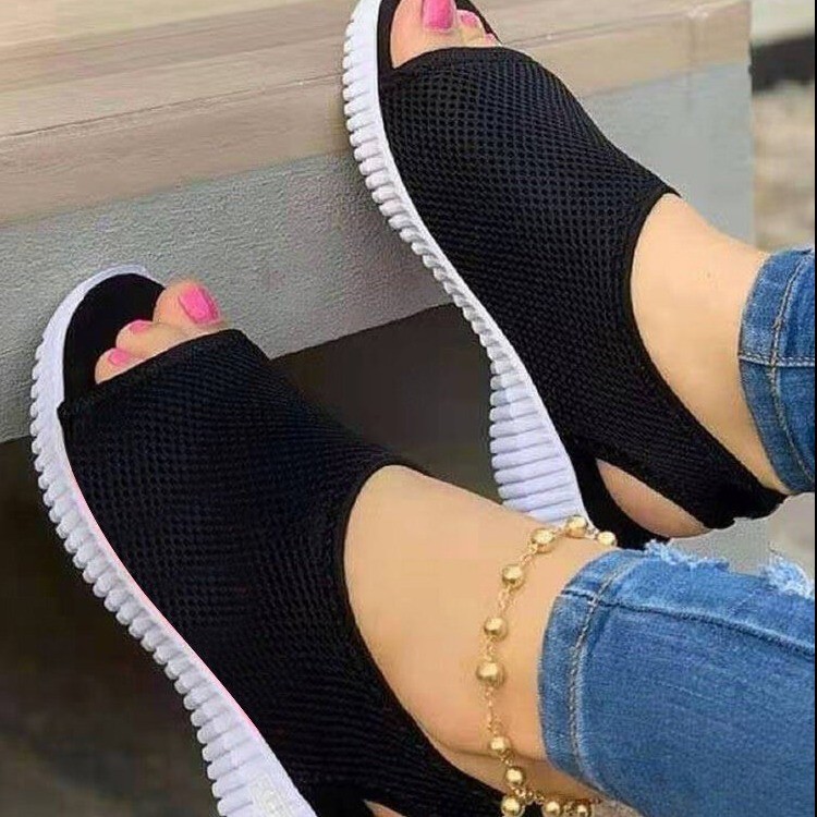 Summer Women's Fish Mouth Mesh Sports Sandals European And American Style Lightweight plus Size Slip-On_vogvips.com