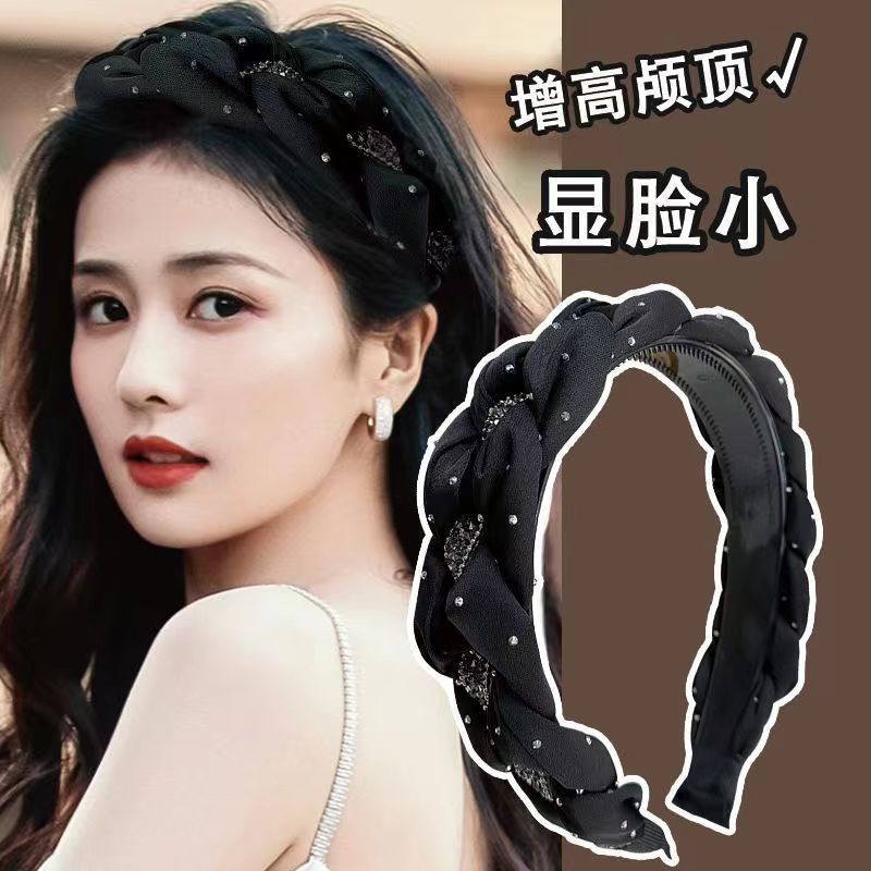 新款钻条编织黑色宽边发箍发捆女小香风发卡高颅顶发箍高级感发饰