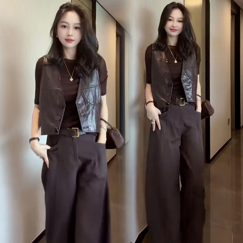 Fashionable women's set 2026 autumn new stylish PU leather vest slimming base shirt wide-leg pants Korean three-piece set