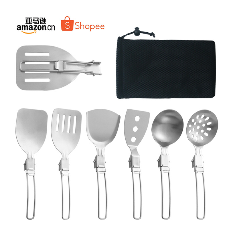 304 de acero inoxidable portátil utensilios de cocina al aire libre picnic camping cocina pala espátula cuchara de sopa multifuncional plegable utensilios de cocina