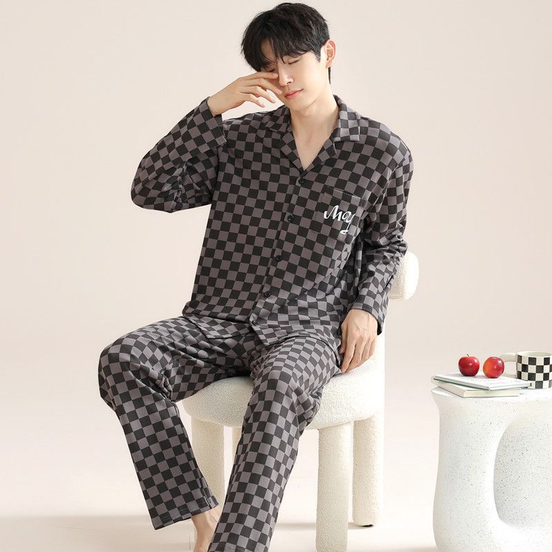 Pijama de hombre primavera y otoño de manga larga tamaño grande delgado otoño y invierno jóvenes niños pueden usar un conjunto de ropa de casa