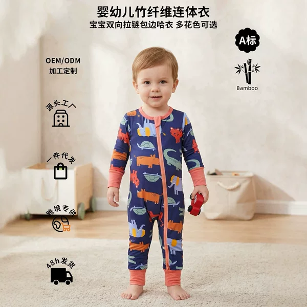 European and American Style Bamboo Fiber Baby Long-Sleeve Jumpsuit, Class A, Spring and Autumn All-Season Zip-Up Romper