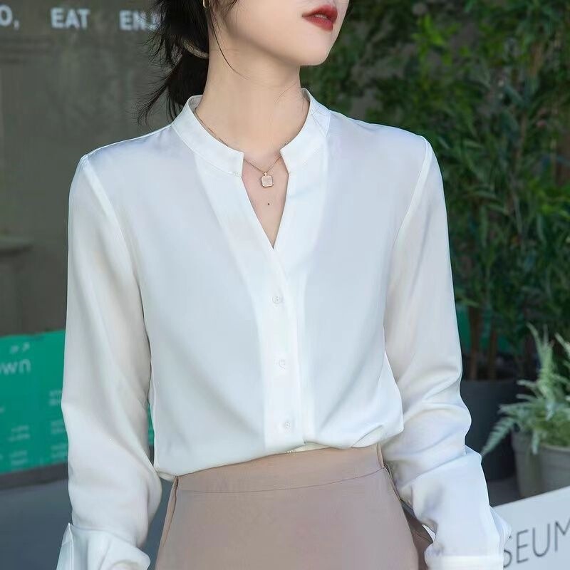 Commuting Professional Ol Simple V-Neck Long-Sleeved Shirt for Women 2026 Autum New Style Draped Matte Satin White Shirt