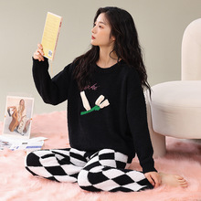 新款软绵绵半边绒睡衣女秋冬季加厚加绒甜美毛线家居服套装可外穿