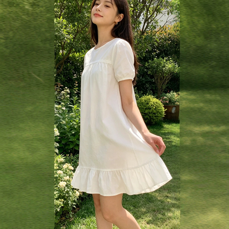 Bm Style Summer New Round Neck Pleated Navy Blue Dress for Women with Sweet Design, Short Sleeves, Ruffles, Versatile Short Skirt Bm Style Summer New Round Neck Pleated Navy Blue Dress for Women with Sweet Design, Short Sleeves, Ruffles, Versatile Short Skirt