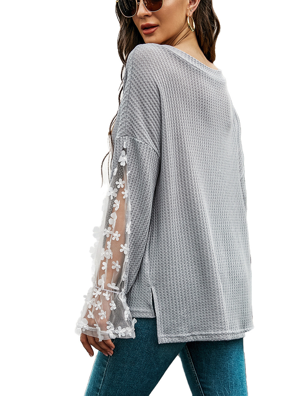 Lace Stitching Long-Sleeved V-Neck T-Shirt NSDF103831