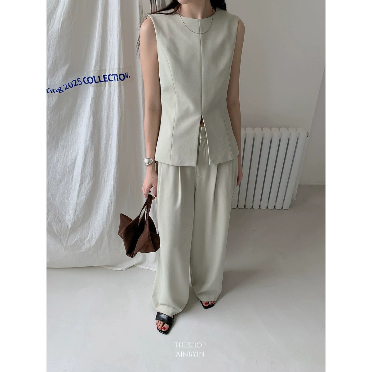 Yi En Ou inbyin пригородные брюки женские подвески с высокой талией повседневные брюки дети тонкие и плиссированные прямые брюки