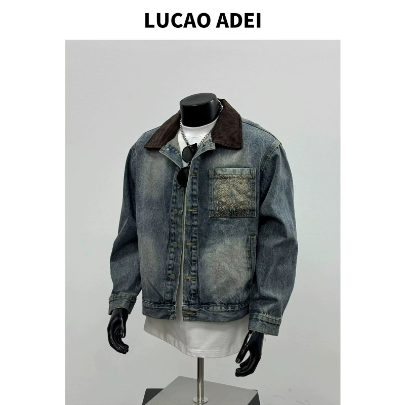 2026 Fall New American Retro Style Color-Contrast Embroidered Washed Vintage Turn-down Collar Denim Jacket for Men in Blue