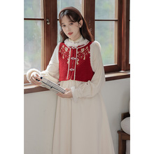 女装2025新中式国风新年战袍氛围感长袖连衣裙毛呢马甲拜年服套装