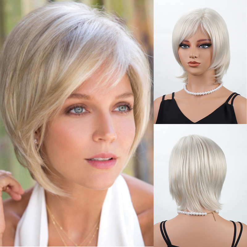 Cross-Border Wig European and American Wig Women's Short Straight Hair Golden Wig Rose Mesh Chemical Fiber Wig Xuchang Manufacturer Supply