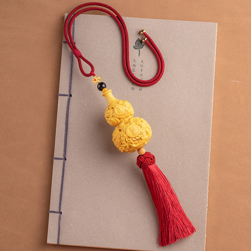 Huangyang Wood Carving Dragon Gourd Car Rearview Mirror Ornament Peace and Good Fortune Long Car Hanging for Men Exquisite Car Interior Decor