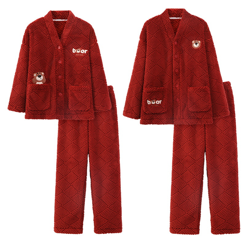 Coral rojo fleece boda pareja pijamas recién casados traje hombres engrosada Otoño e Invierno franela roja desgaste del hogar de Las Mujeres