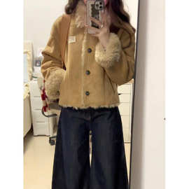 复古加绒加厚麂皮棉衣外套女冬季新款小个子翻领保暖短款上衣