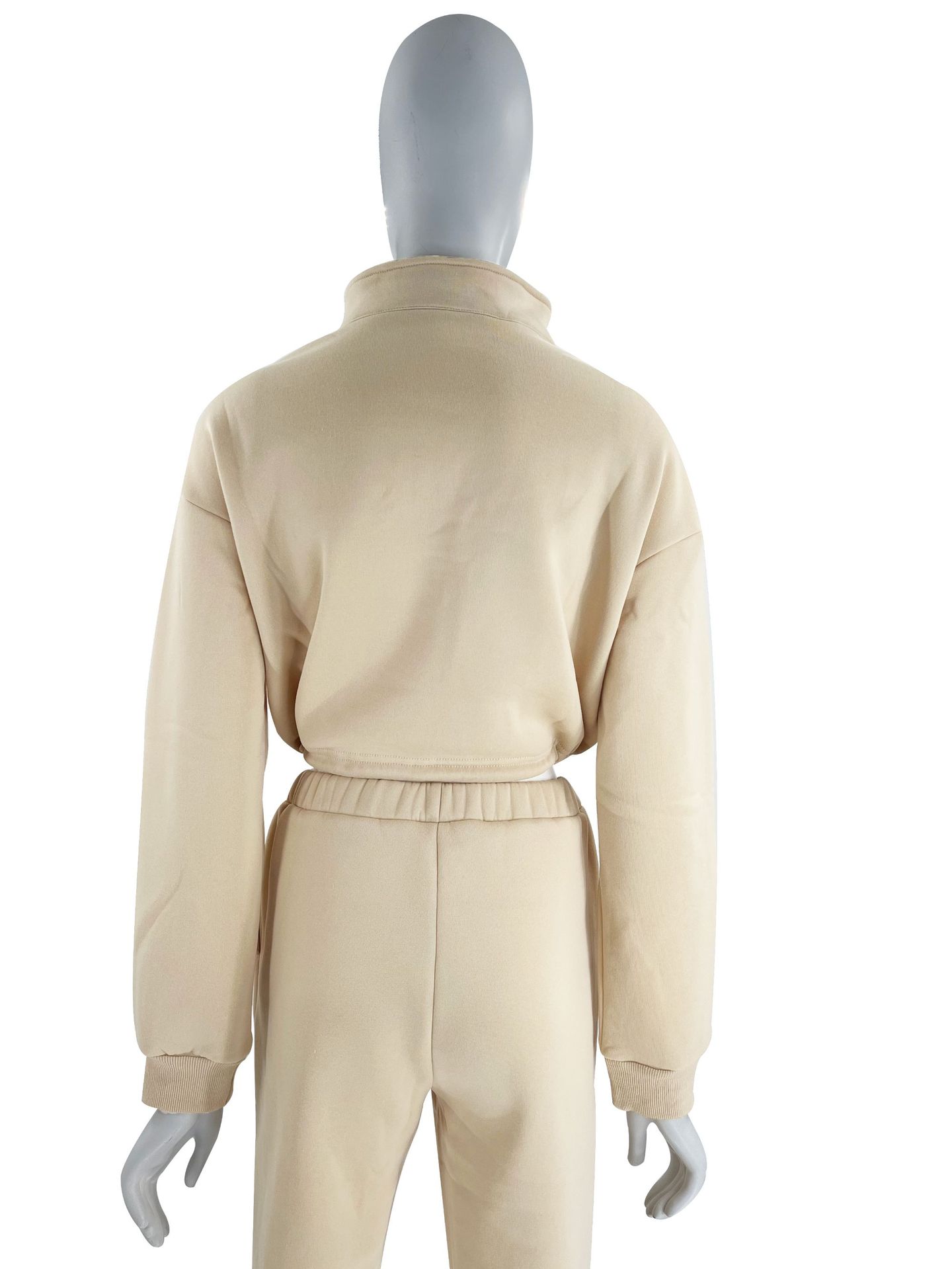 Women's Clothing 2024 autumn and winter solid color stand up collar zipper drawstring navel baring plus velvet sweatshirt casual sweatpants suit_voghion.com