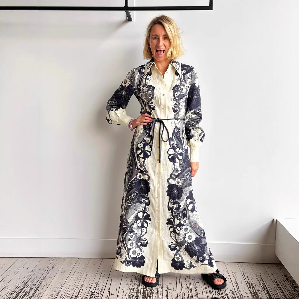 欧美跨境2025新独立站速卖通亚马逊时尚亚麻休闲气质衬衣领连衣裙