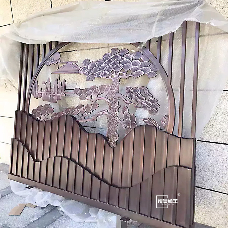 Hotel Villa Outdoor Garden Aluminum Sculpture Welcome Pine Landscape Wall Antique Copper Stainless Steel Entrance Screen